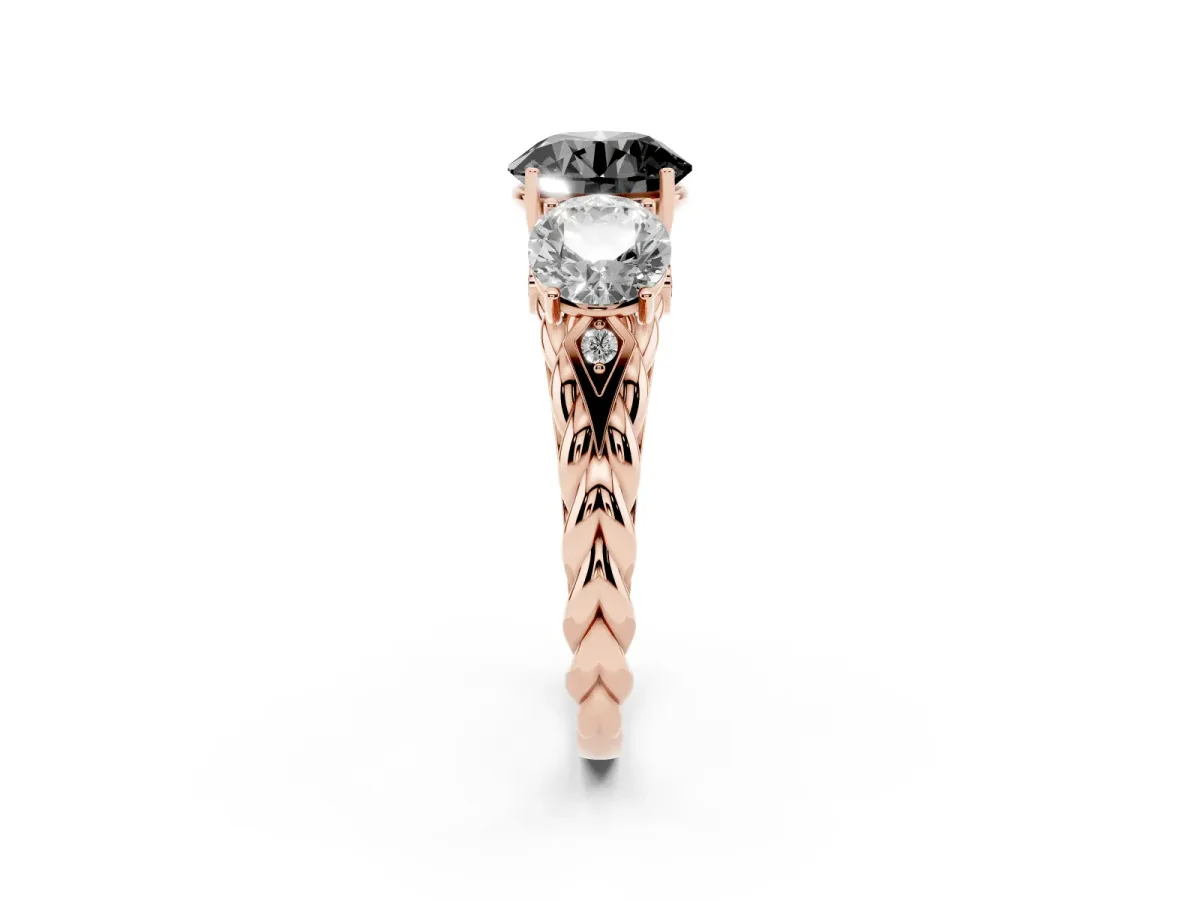 Fancy Black Three-Stone Round Cut Diamond Braided Band Ring with Four-Prong Setting Rose gold