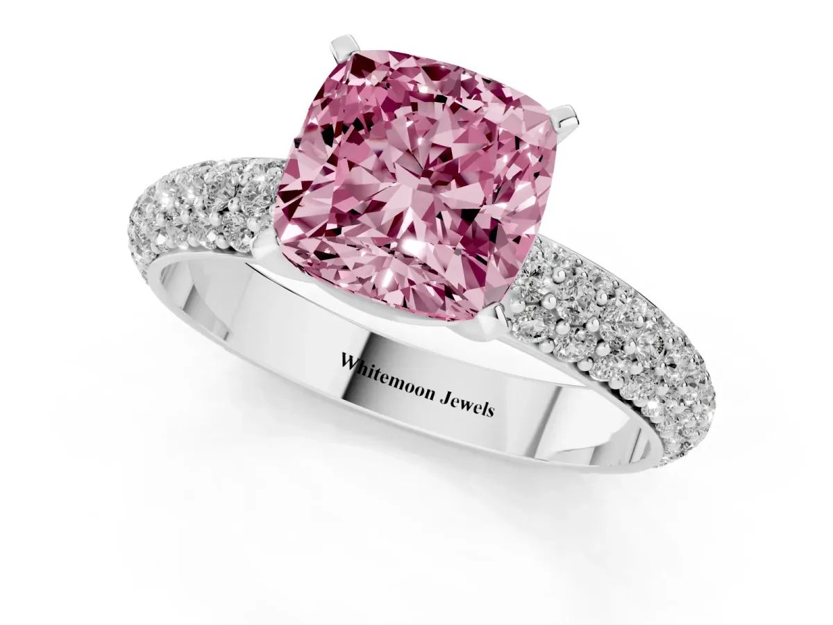 Fancy Pink Cushion Cut Diamond Solitaire Ring with Prong Setting and Pavé Band Platinum