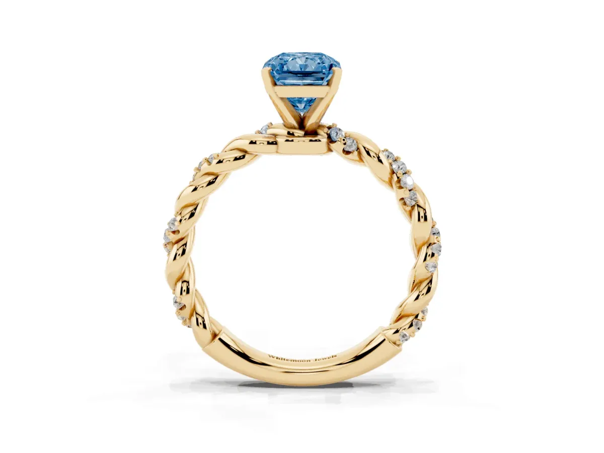 Fancy Blue Radiant Cut Diamond Solitaire Ring with Twisted Band and Pavé Accents Yellow gold