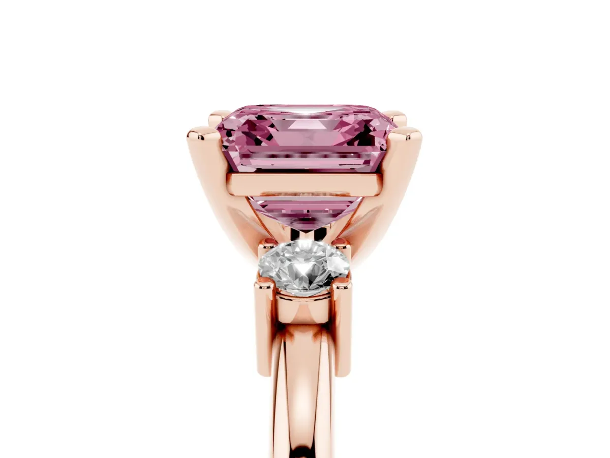 Fancy Pink Three-Stone Asscher Cut Cut Diamond Solitaire with Prong Setting and Classic Band Rose gold