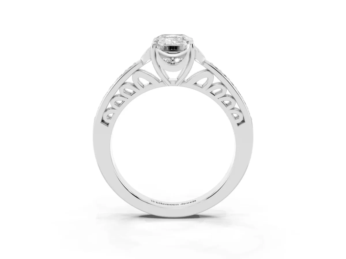 Emerald Cut Cut Halo Diamond Ring with Channel Set Band and Four-Prong Setting Silver
