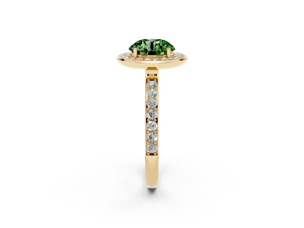 Fancy Green Round Cut Diamond Halo Ring with Bezel Frame and Pavé Band Yellow gold