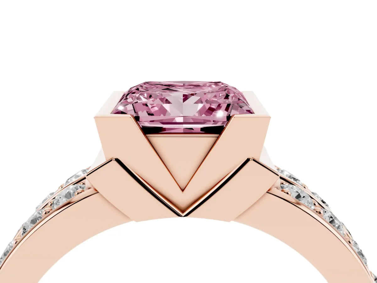 Fancy Pink Princess Cut Brilliant Diamond Channel Set Wide Band Ring with Bezel Setting Rose gold