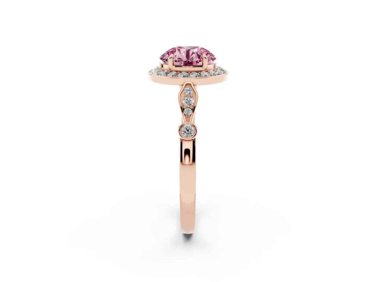 Fancy Pink Round Cut Halo Diamond Engagement Ring with Twisted Band and Four-Prong Setting Rose gold