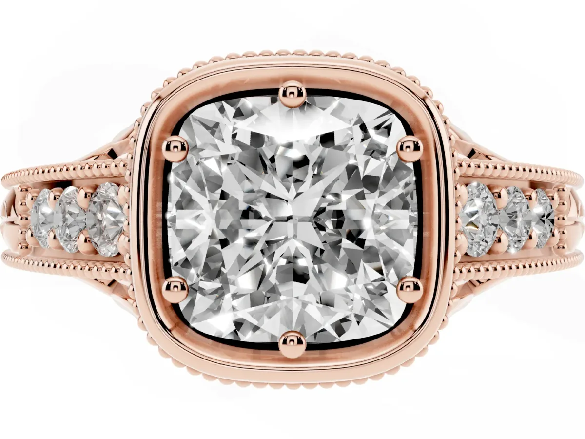 Bezel Set Cushion Cut Diamond Milgrain Pave Engagement Ring Rose gold