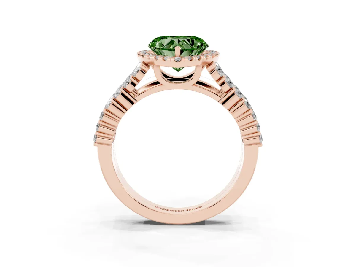 Fancy Green Heart Cut Diamond Halo Engagement Ring with Triple Row Round Pavé Band and Prong Setting Rose gold