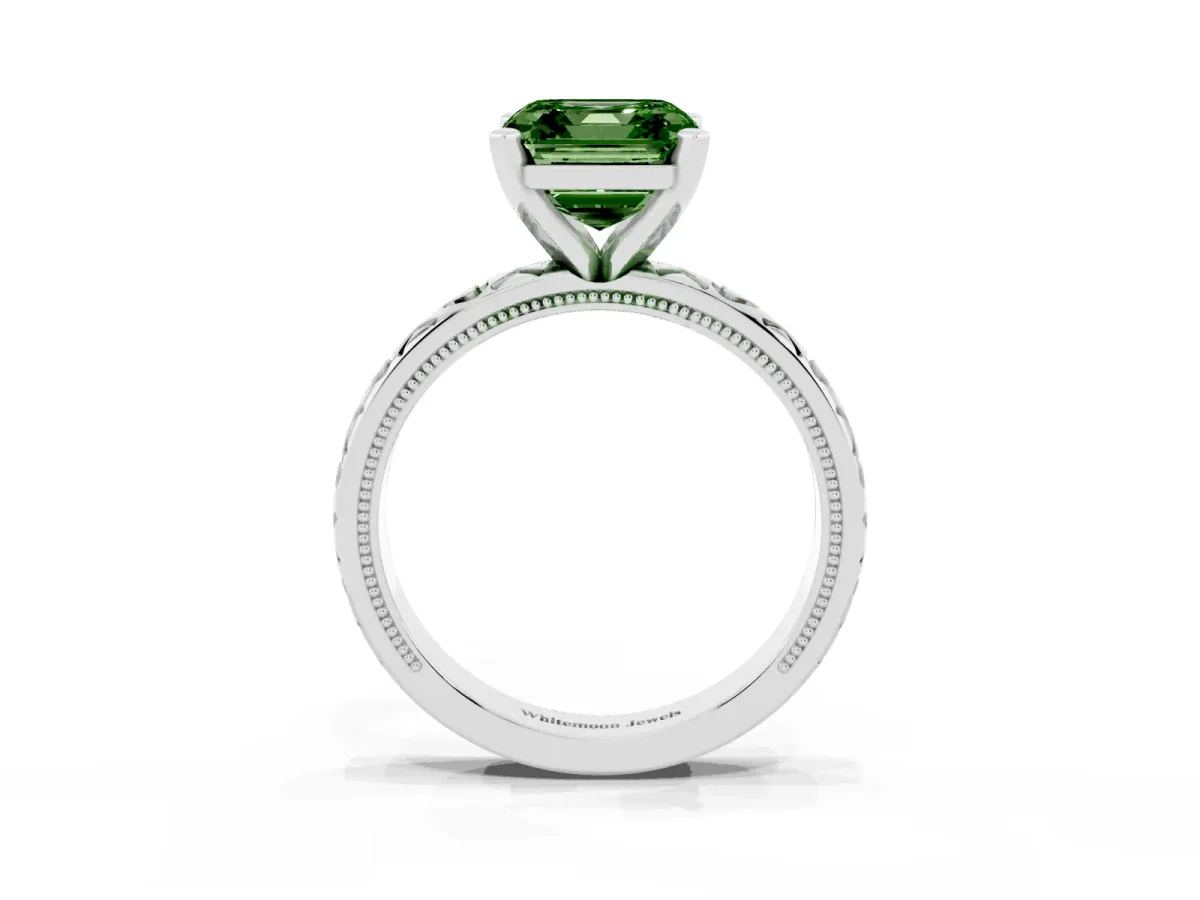 Fancy Green Asscher Cut Solitaire Diamond Engagement Ring with XO Engraved Band and Four-Prong Setting Platinum