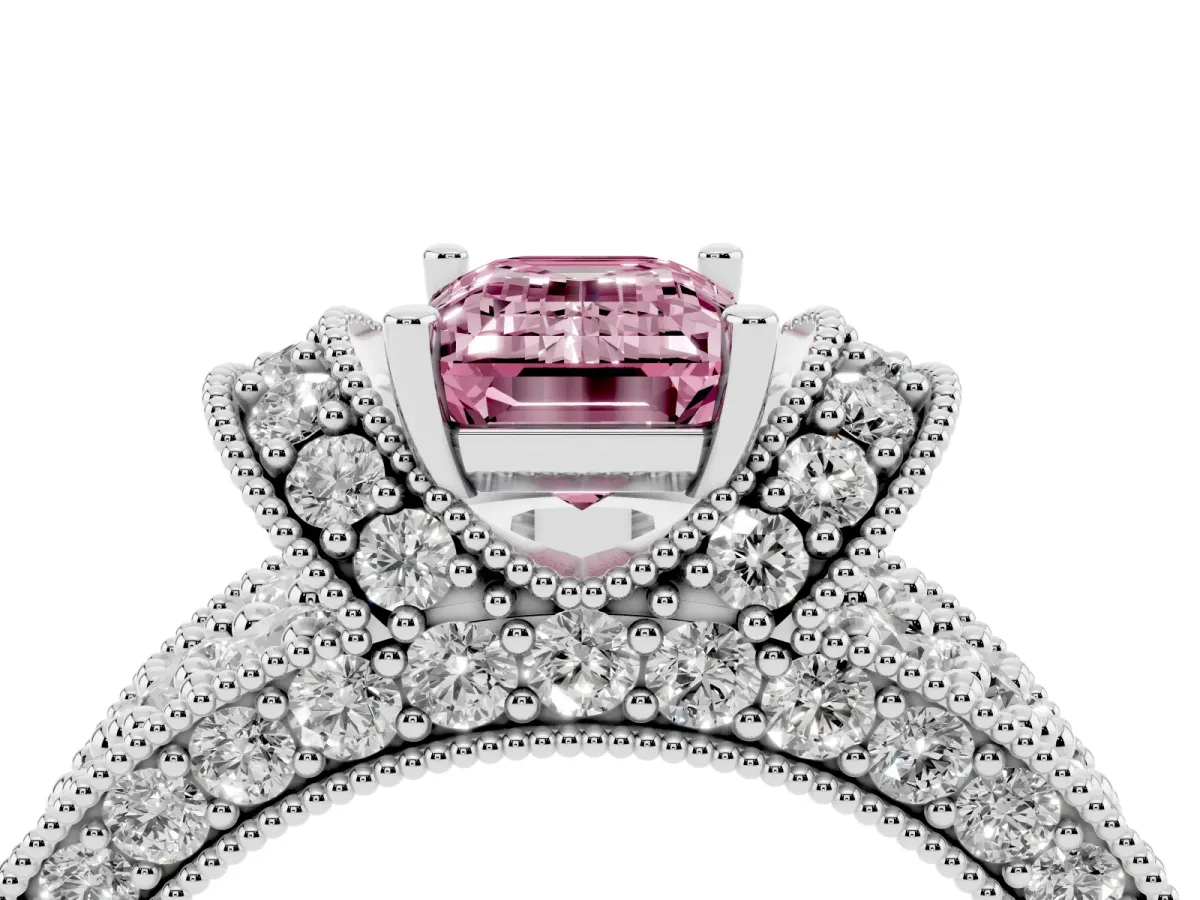 Fancy Pink Emerald Cut Halo Pave Diamond Engagement Ring with Milgrain Detailing Silver