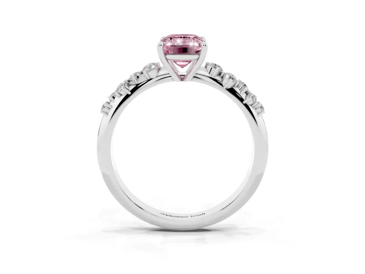 Fancy Pink Emerald Cut Diamond Cluster Side Stone Solitaire Ring with Prong Setting Silver