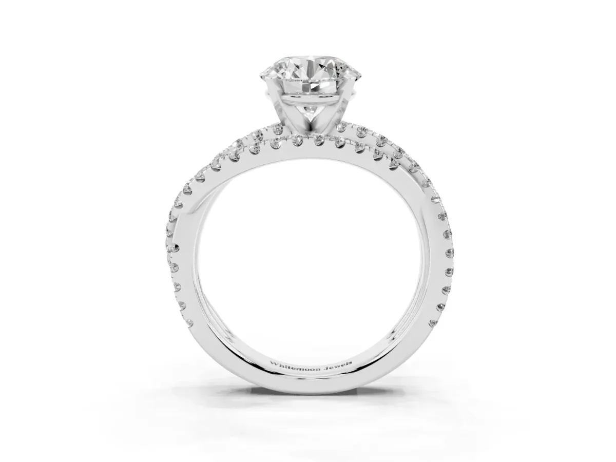Round Cut Solitaire Twist Band with Pavé Setting and Four-Prong Setting Silver