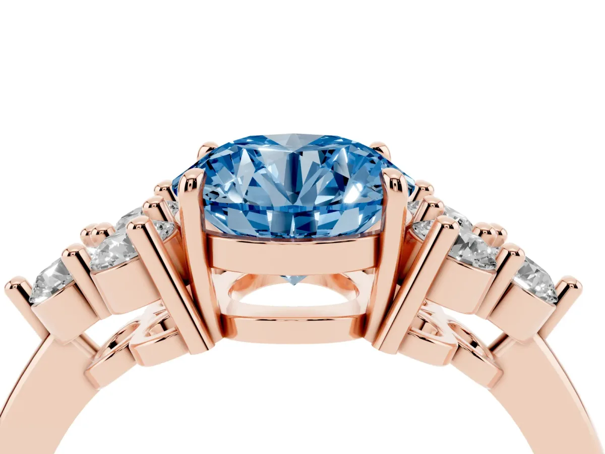 Fancy Blue Round Cut Brilliant Diamond Cluster Accent Solitaire Ring with Prong Setting Rose gold