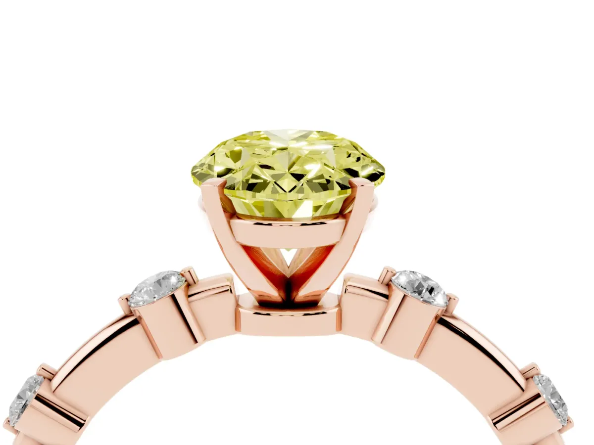 Fancy Yellow Oval Cut Solitaire Diamond Ring with Bezel Set Side Stones and Prong Setting Rose gold