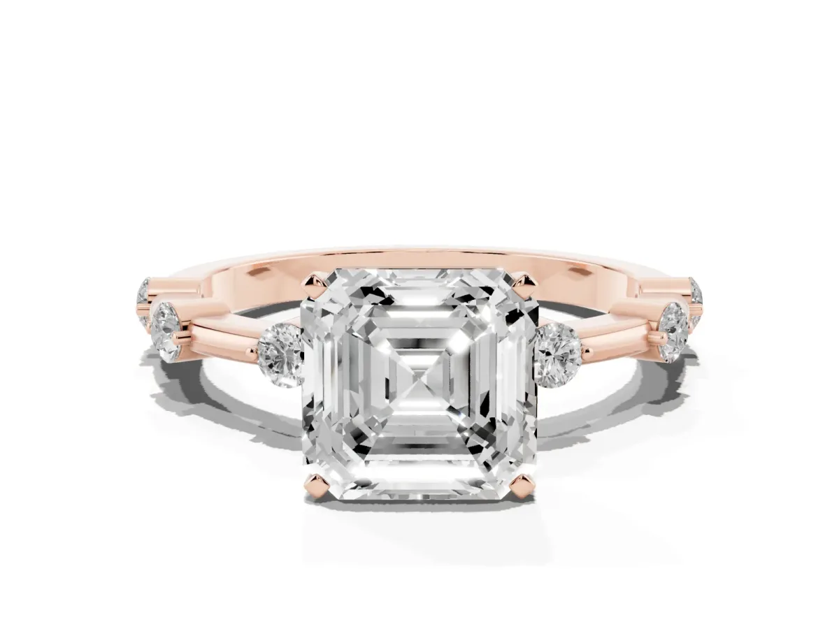 Asscher Cut Solitaire Diamond Ring with Bezel Set Side Stones and Prong Setting Rose gold