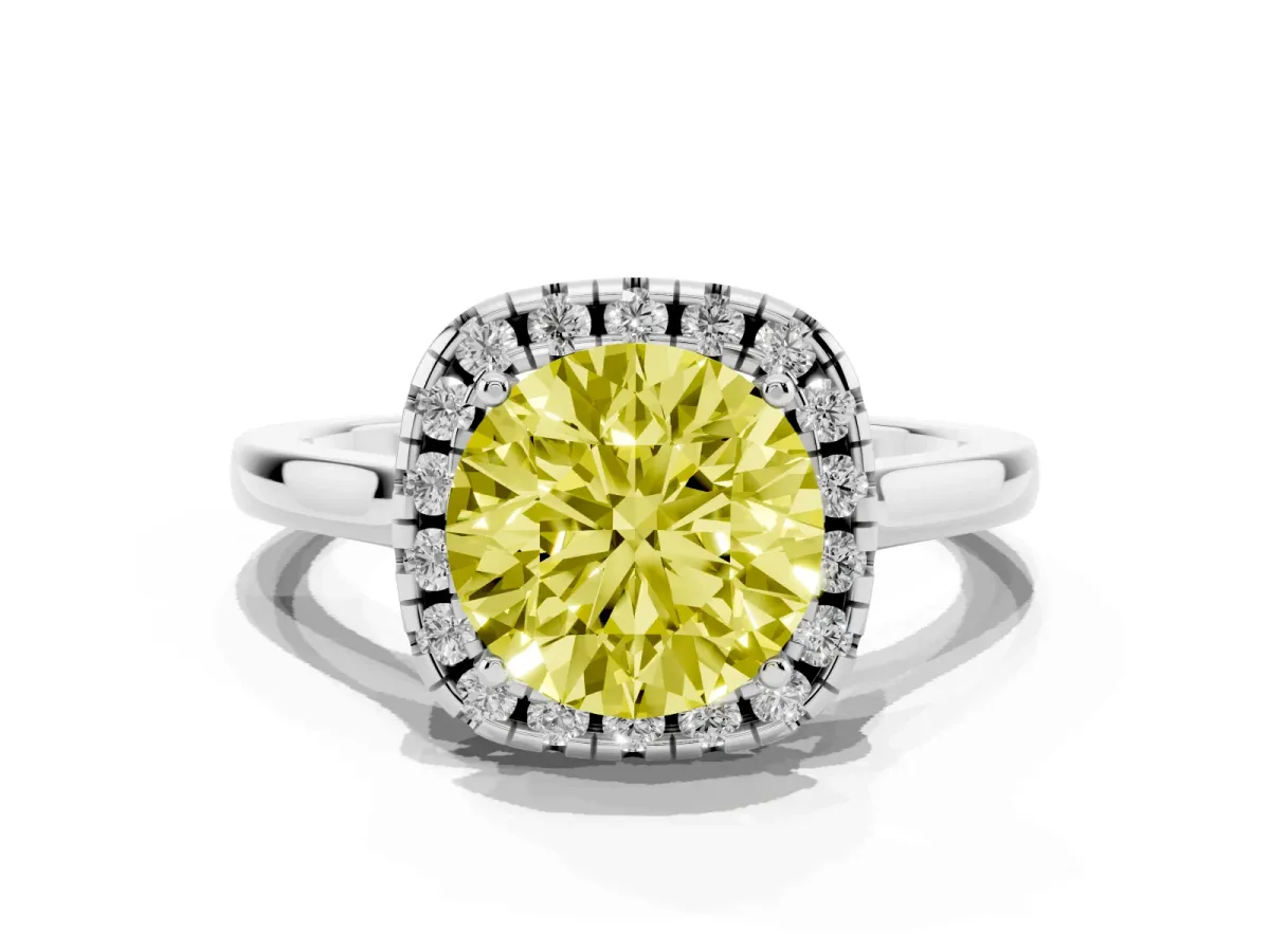 Fancy Yellow Round Cut Halo Round Diamond Solitaire Ring with Pavé Band and Four-Prong Setting Silver