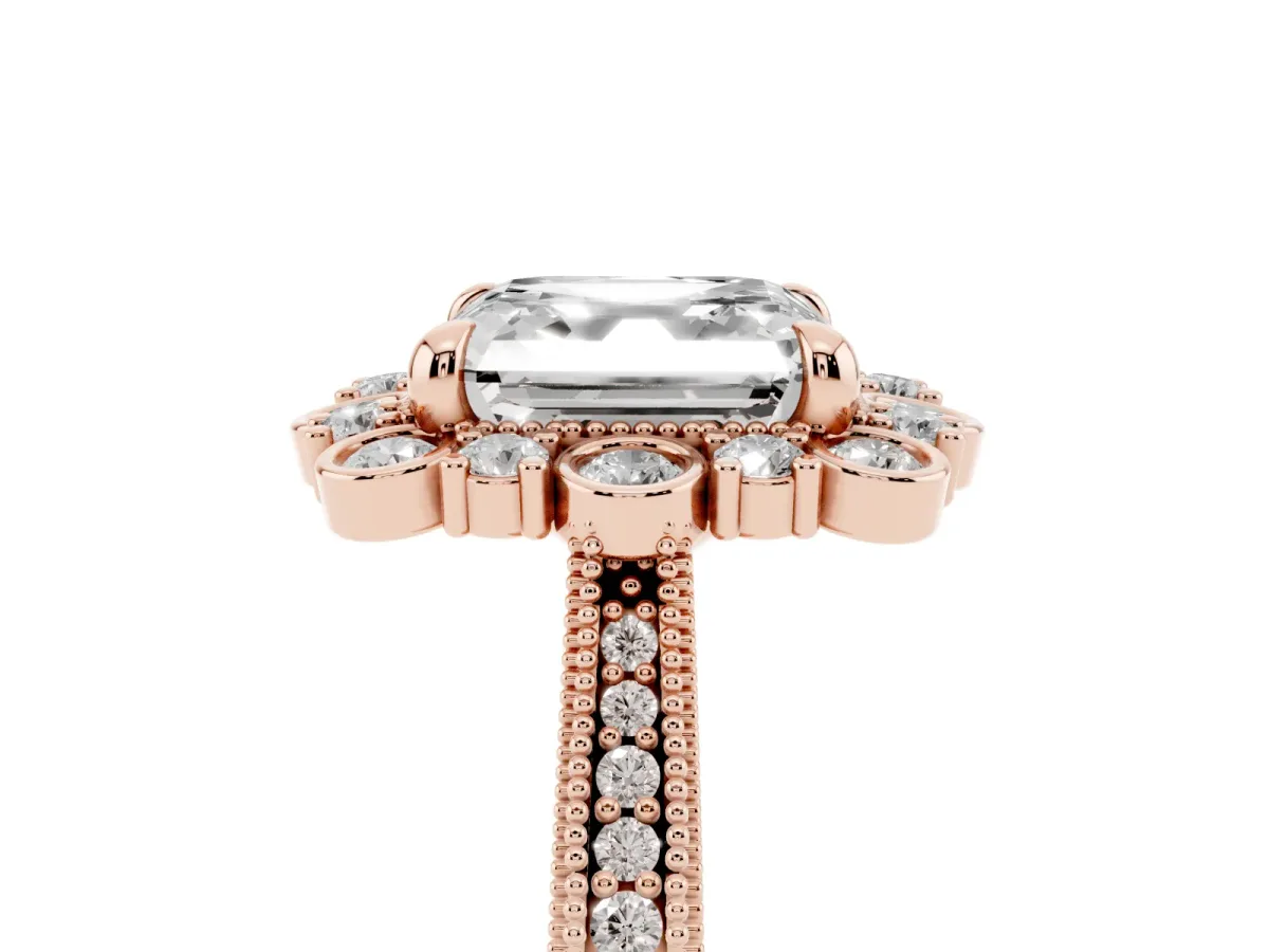 Asscher Cut Halo Milgrain Pave Diamond Ring with Four-Prong Setting Rose gold