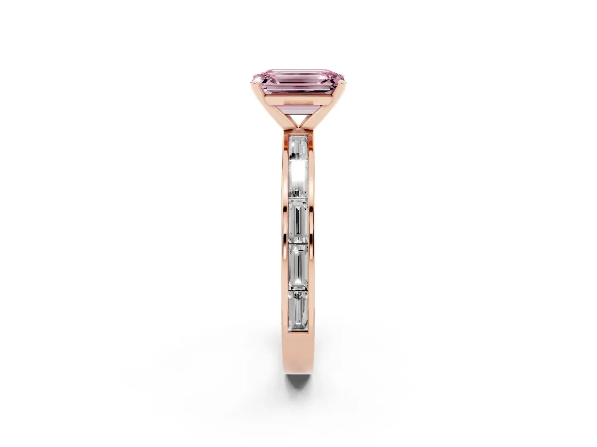Fancy Pink Emerald Cut Solitaire Diamond Ring with Channel-Set Baguette Band and Four-Prong Setting Rose gold