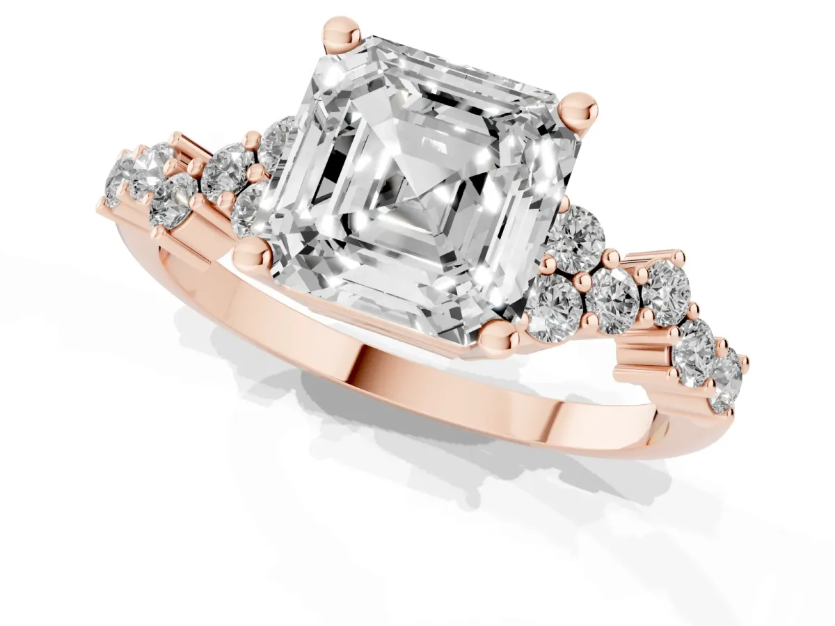 Asscher Cut Diamond Scattered Round Accent Ring with Prong Setting Rose gold