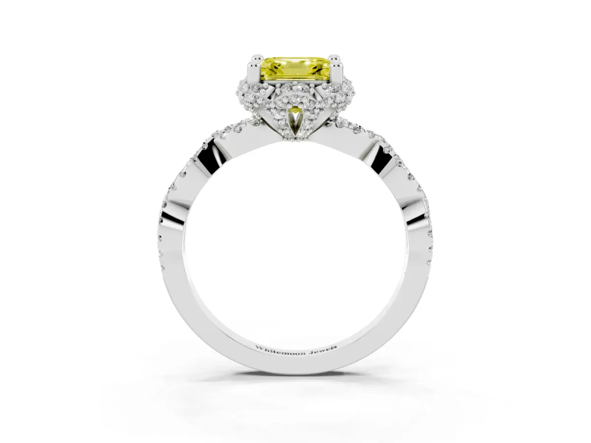 Fancy Yellow Asscher Cut Halo Twist Band Solitaire Ring with Six-Prong Setting Silver