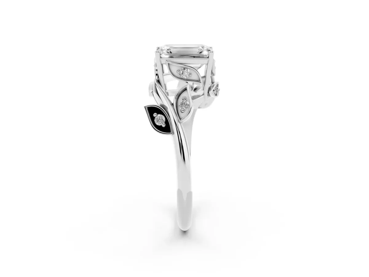 Emerald Cut Solitaire Twist Engagement Ring with Leaf Accents and Prong Setting Silver