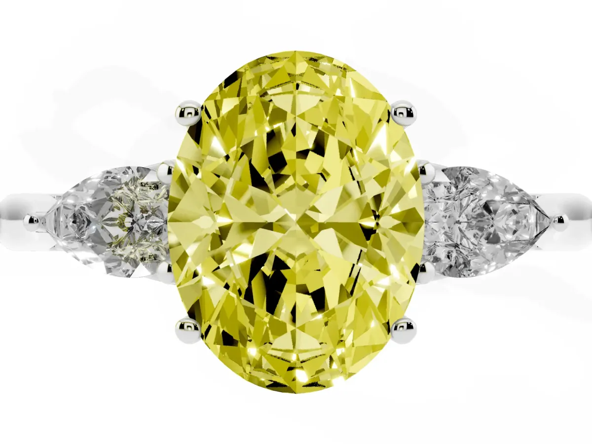 Fancy Yellow Three-Stone Oval Cut Diamond Ring with Pear Side Stones in Four-Prong Setting Silver