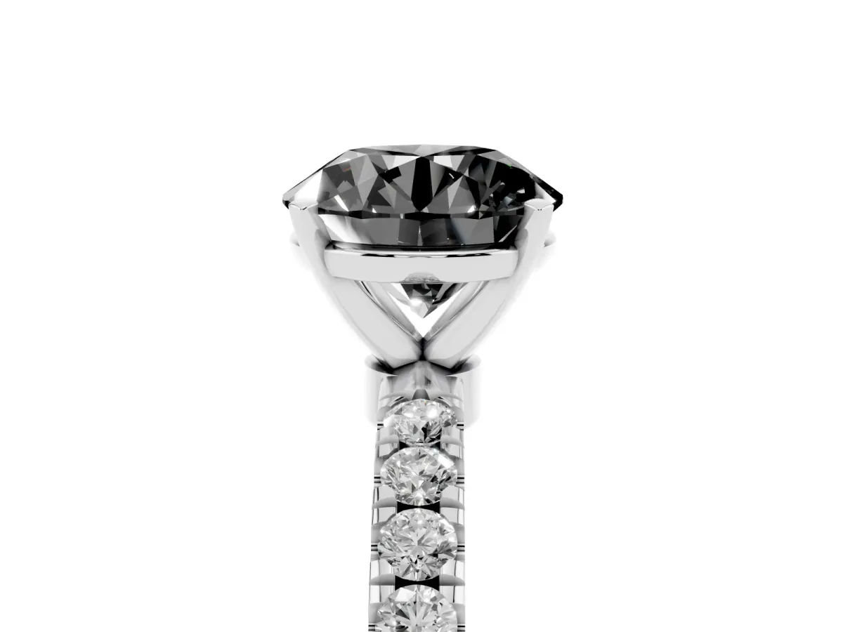 Fancy Black Round Cut Diamond Solitaire Ring with Pavé Accents and Four-Prong Setting White gold