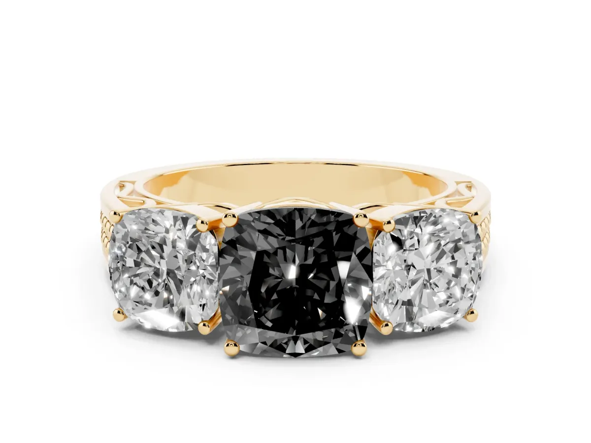 Fancy Black Cushion Cut Diamond Three-Stone Ring with Prong Setting and Textured Band Yellow gold
