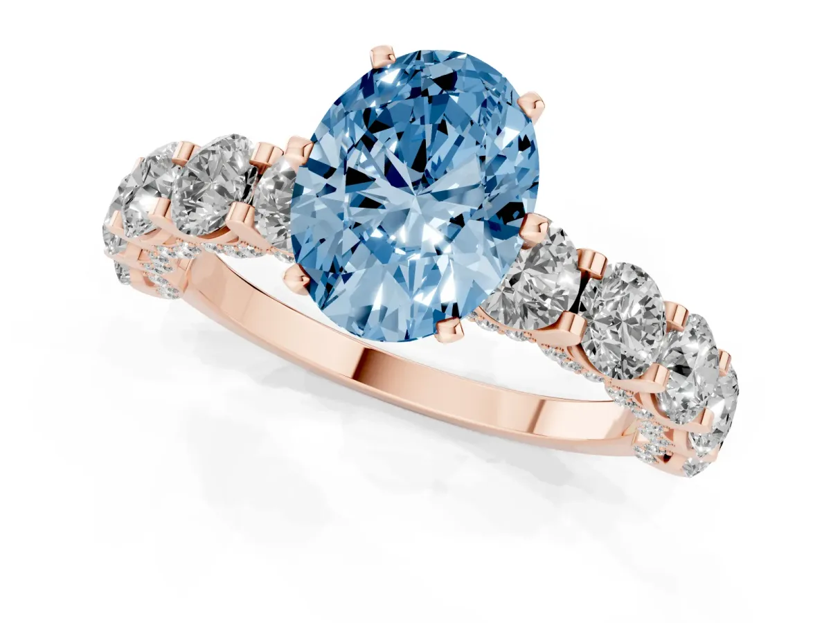 Fancy Blue Oval Cut Diamond Side Stone Engagement Ring with Four-Prong Setting Rose gold