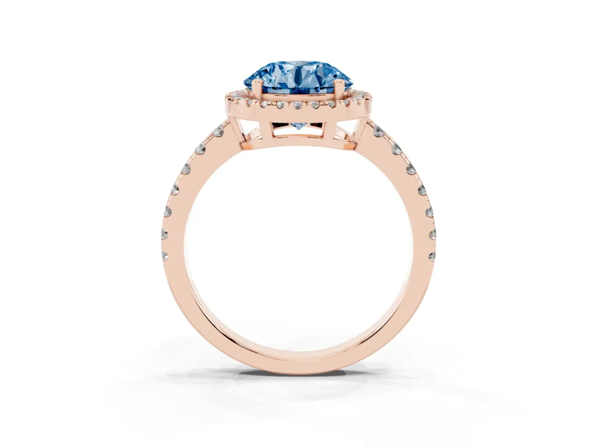 Fancy Blue Round Cut Diamond Halo Ring with Pavé Band and Four-Prong Setting Rose gold