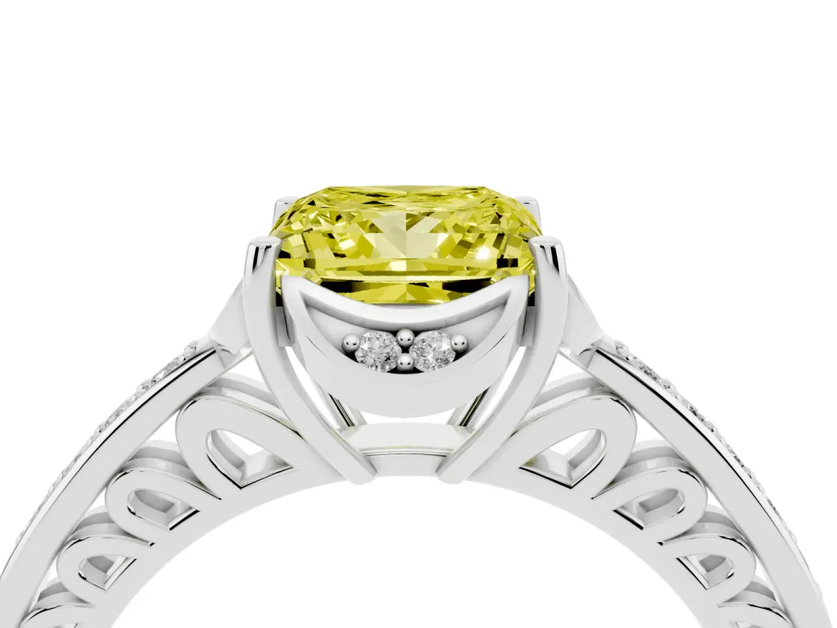 Fancy Yellow Princess Cut Cut Halo Diamond Ring with Channel Set Band and Four-Prong Setting White gold