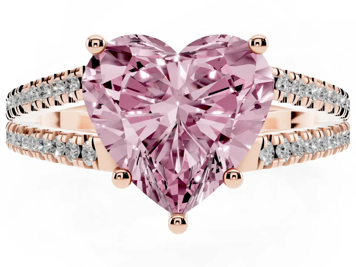 Fancy Pink Heart Cut Diamond Solitaire Engagement Ring with Split Shank Pavé Band Rose gold