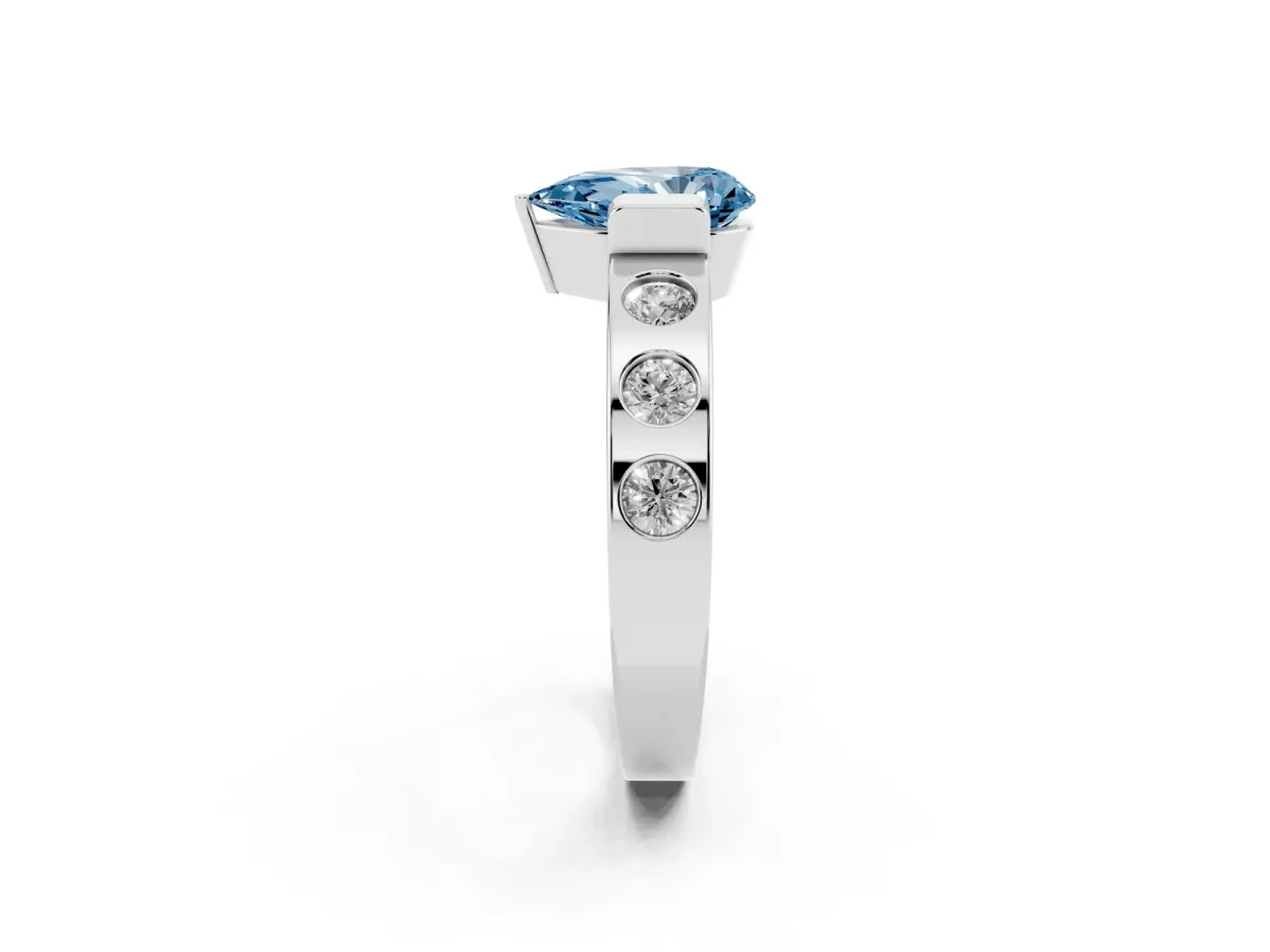 Fancy Blue Pear Cut Brilliant Channel-Set Diamond Ring with Bezel Prong Setting Silver