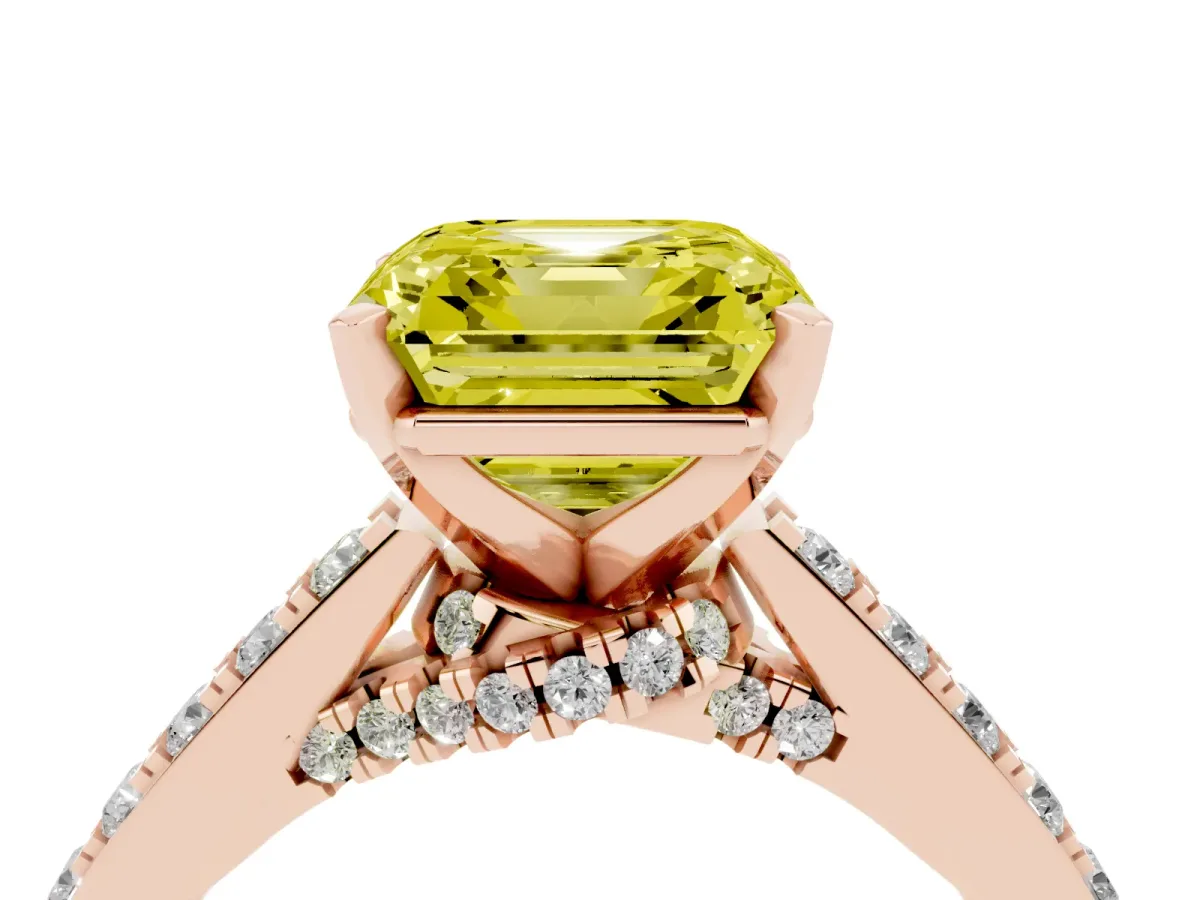 Fancy Yellow Asscher Cut Diamond Solitaire Ring with Crossover Gallery and Round Pavé Band Rose gold