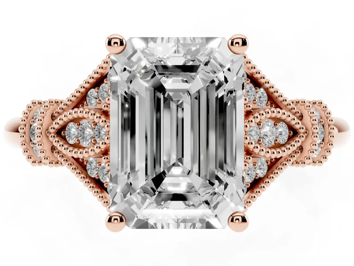 Emerald Cut Diamond Solitaire Ring with Floral Filigree and Pave Accents Rose gold