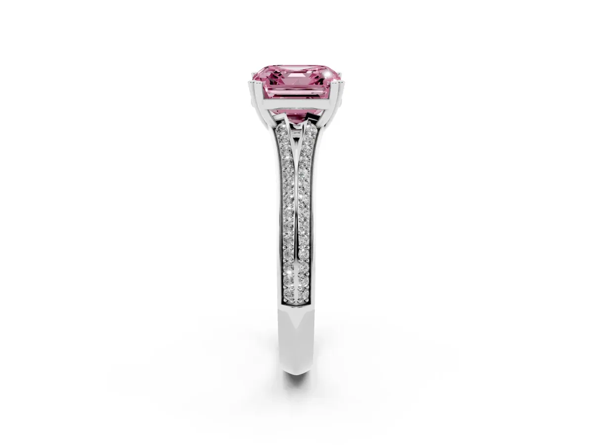 Fancy Pink Asscher Cut Diamond Split Shank Engagement Ring with Pavé Band Silver