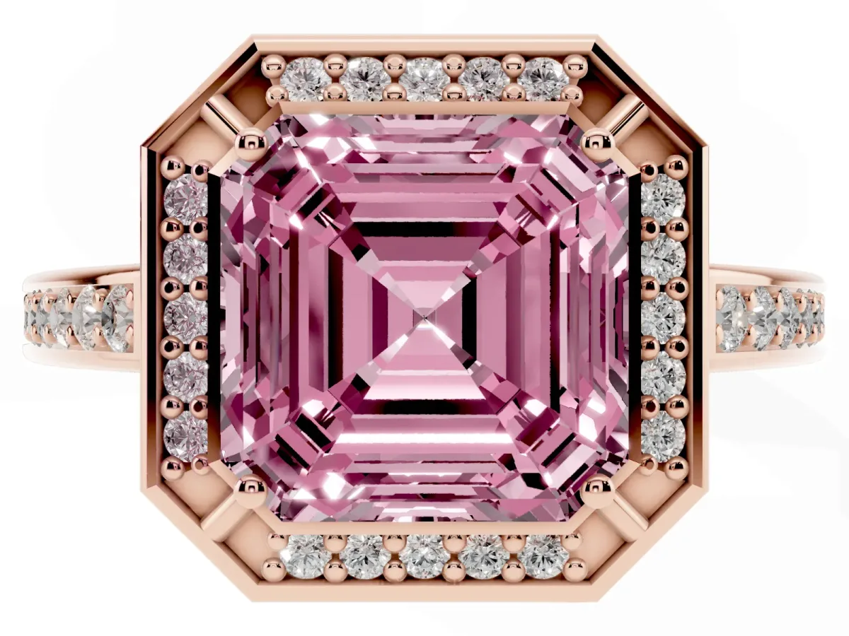 Fancy Pink Asscher Cut Cut Halo Pave Split Shank Prong Setting Ring Rose gold