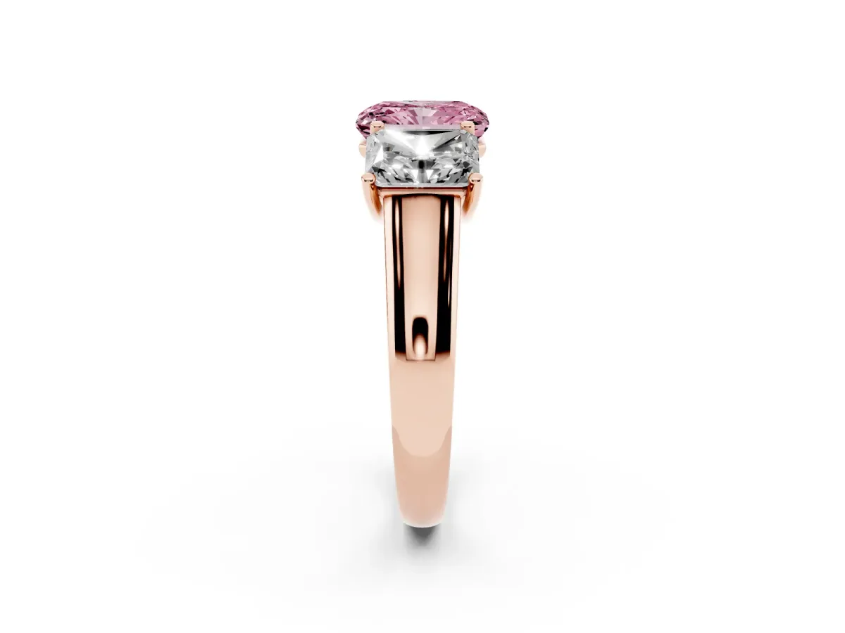 Fancy Pink Radiant Cut Three-Stone Diamond Ring with Prong Setting on a Classic Band Rose gold