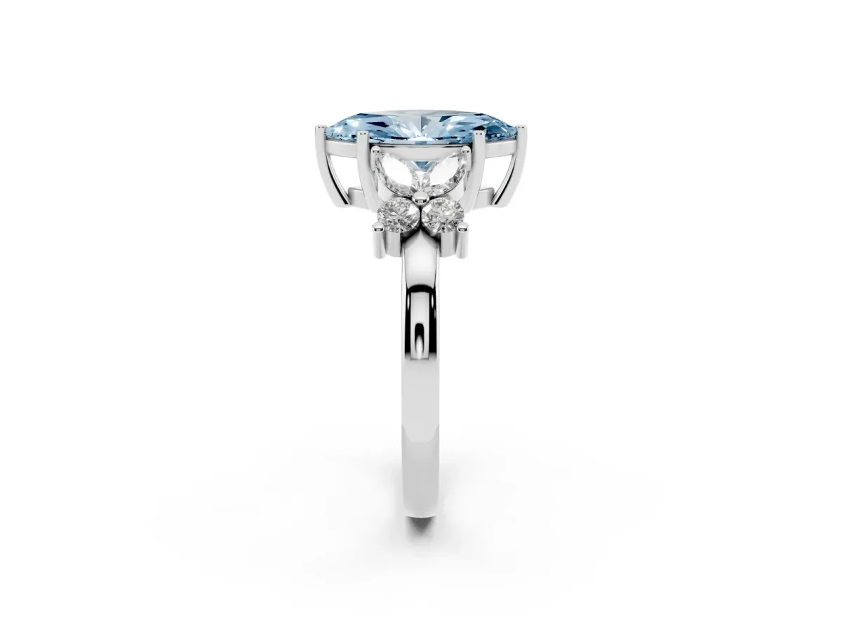 Fancy Blue Marquise Cut Diamond Floral Cluster Ring with Solitaire Band and Prong Setting Silver