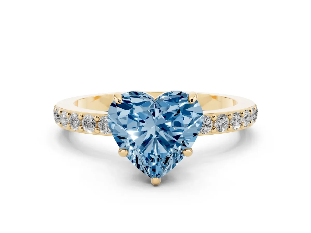 Fancy Blue Heart Cut Diamond Pavé Engagement Ring with Round Accents and Prong Setting Yellow gold