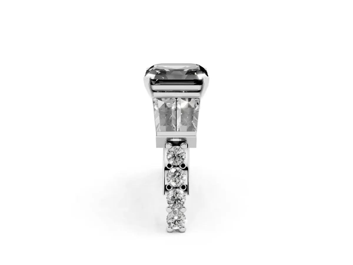 Fancy Black Asscher Cut Diamond Engagement Ring with Baguette Side Stones and Channel Set Band Silver