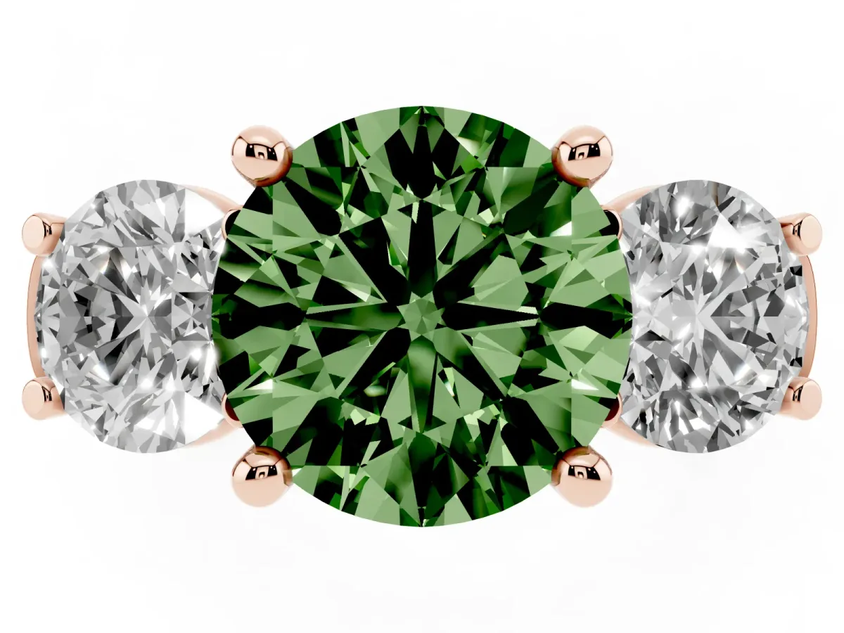 Fancy Green Three-Stone Round Cut Brilliant Diamond Trellis Ring with Comfort Fit Band Rose gold