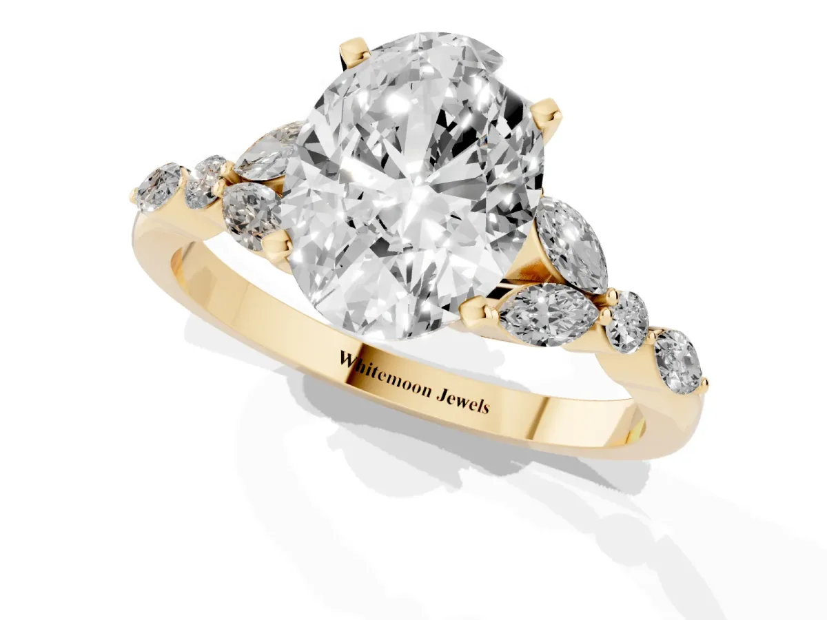 Oval Cut Diamond Solitaire Ring with Side Stones and Four-Prong Setting Yellow gold