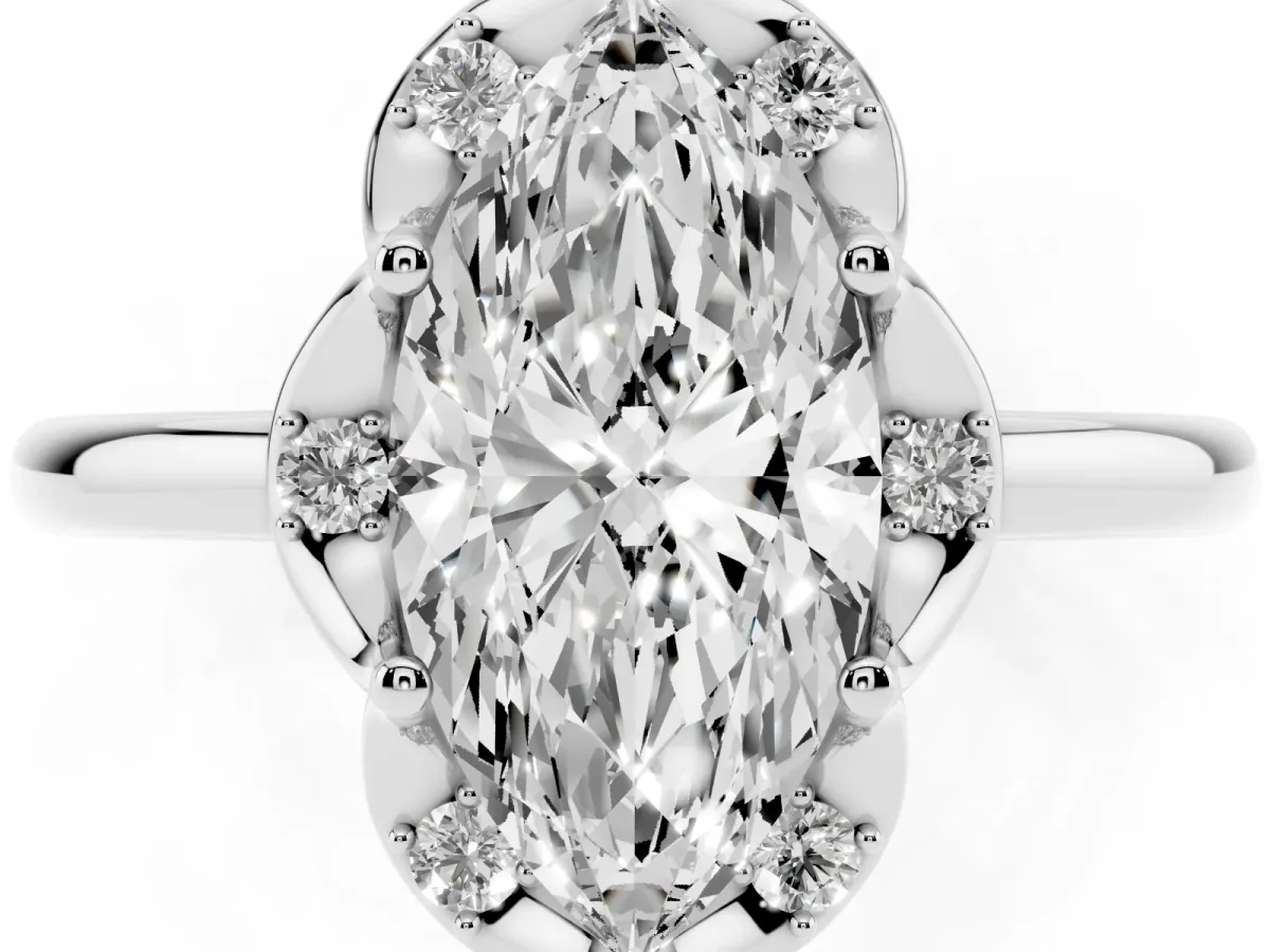 Marquise Cut Halo Diamond Ring with Round Cluster Setting, Solitaire Band, and Four-Prong Setting Silver