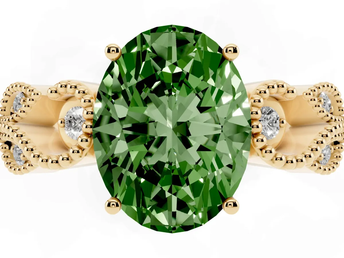 Fancy Green Oval Cut Solitaire Milgrain Leaf Band with Prong Setting Yellow gold