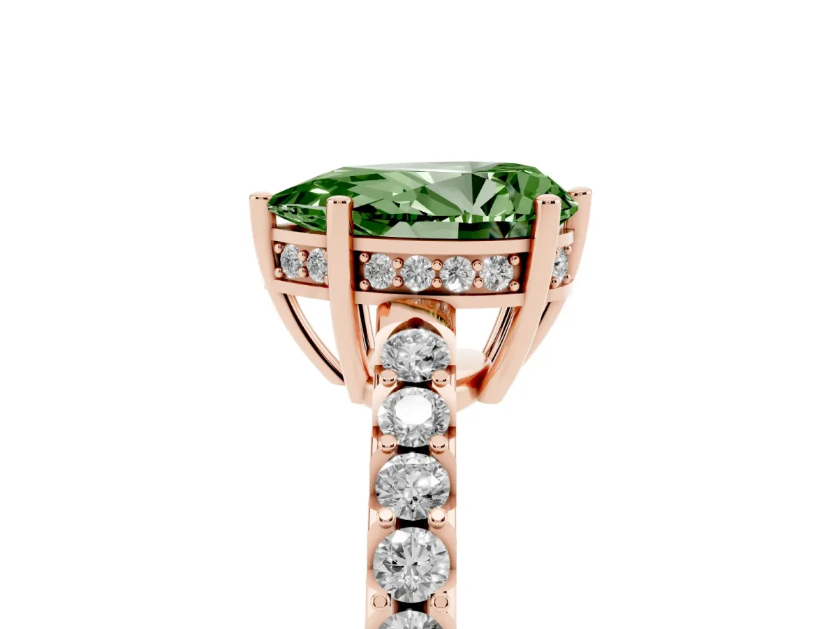 Fancy Green Pear Cut Solitaire Diamond Engagement Ring with Pavé Band and Six-Prong Setting Rose gold