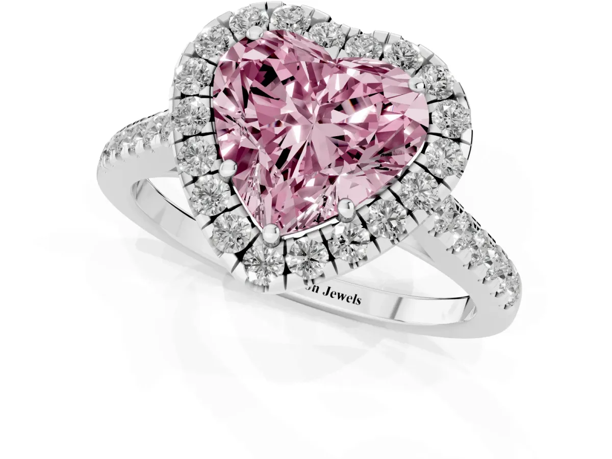 Fancy Pink Heart Cut Halo Pave Diamond Engagement Ring with Four-Prong Setting Platinum
