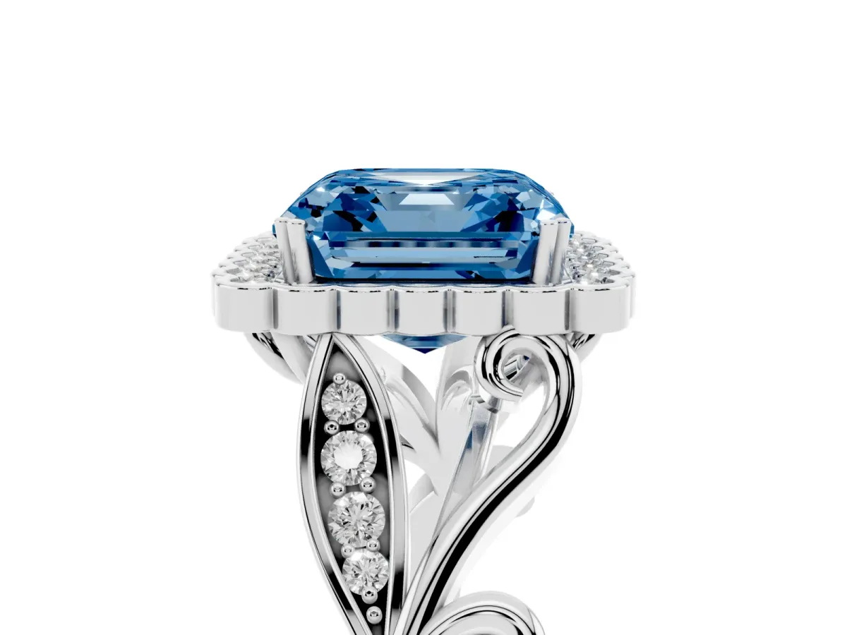 Fancy Blue Asscher Cut Diamond Halo Ring with Vintage Split Shank and Four-Prong Setting Silver