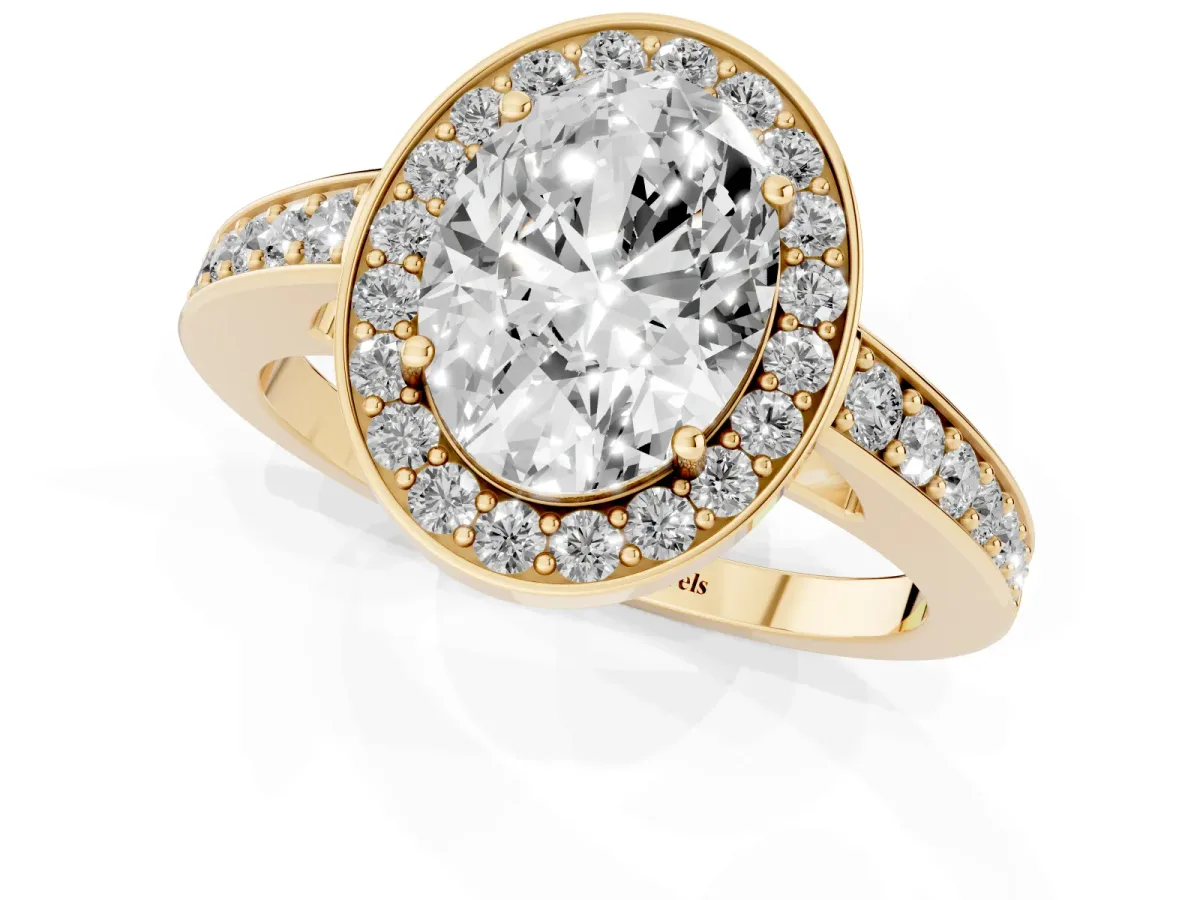 Oval Cut Halo Pavé Diamond Engagement Ring with Bezel Setting Yellow gold