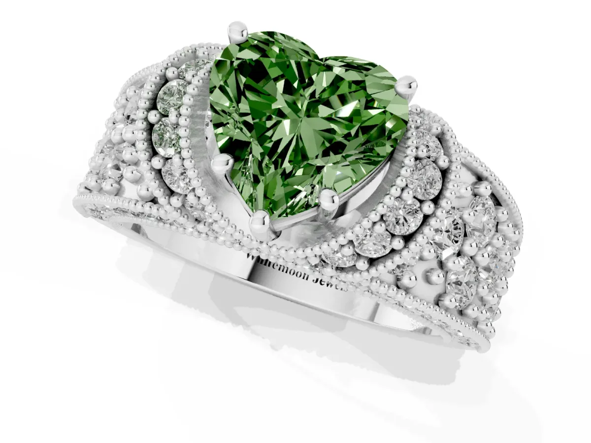 Fancy Green Heart Cut Halo Pave Diamond Engagement Ring with Milgrain Detailing White gold