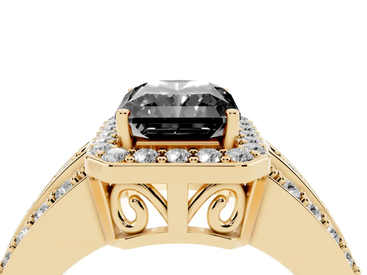 Fancy Black Radiant Cut Halo Diamond Ring with Round Split Shank and Prong Setting Yellow gold