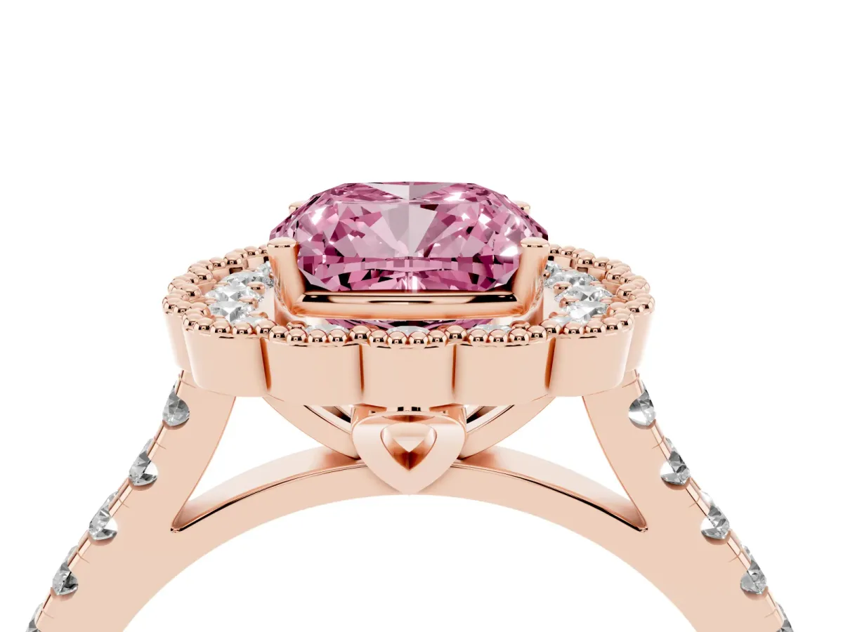Fancy Pink Cushion Cut Cut Diamond Milgrain Floral Halo Engagement Ring with Pavé Band Rose gold